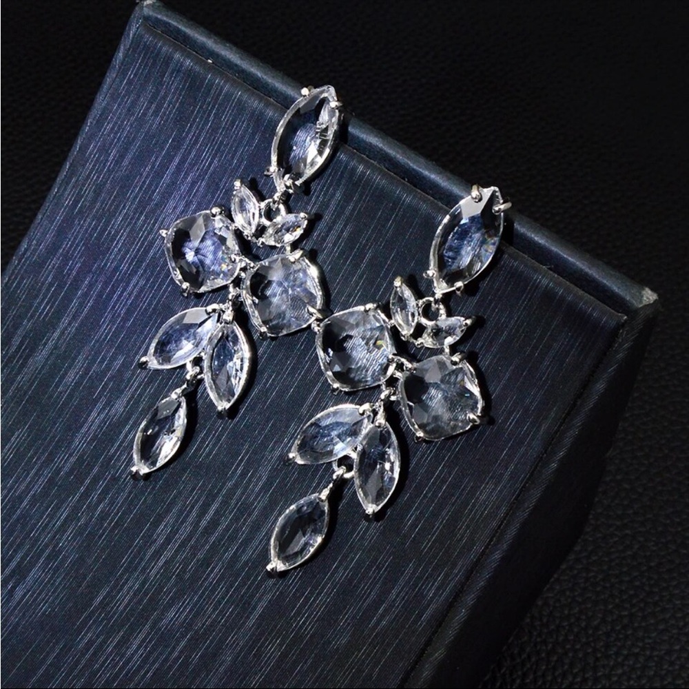 New - Anthro Crystal Large Long Leaf Shaped Dangle Drop Earrings Clear